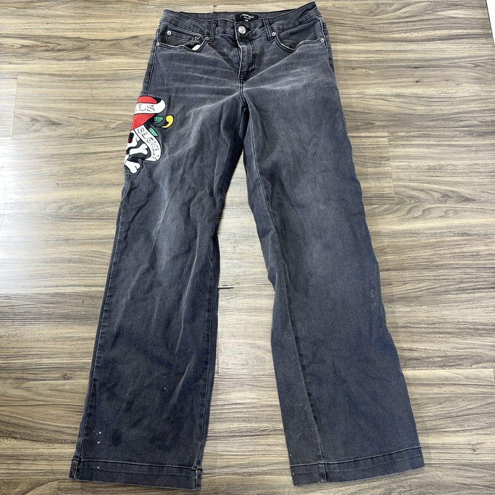 Ed Hardy Jeans 28x31 Black Wide Leg Embroidered Skull Cross Bones